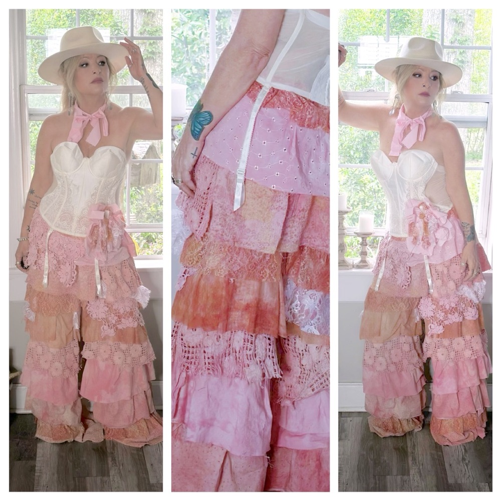 Pink magnolia lace festival boho pants, gypsy chic, handmade, size medium